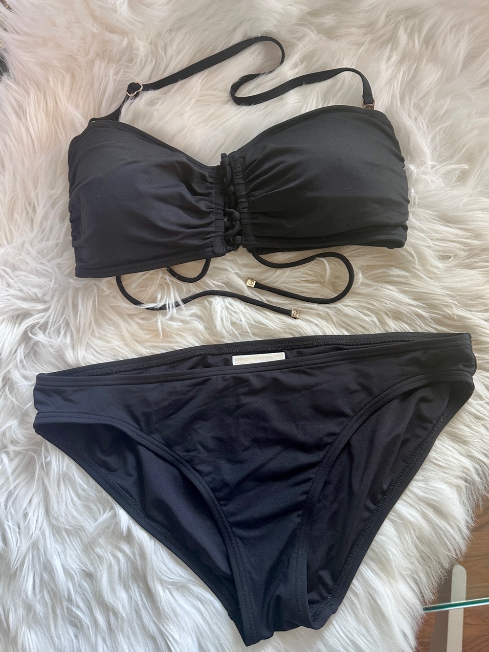 Michael Kors Black Bandeau Bikini Set!  Lace up front and back top!  Sz L!  EUC